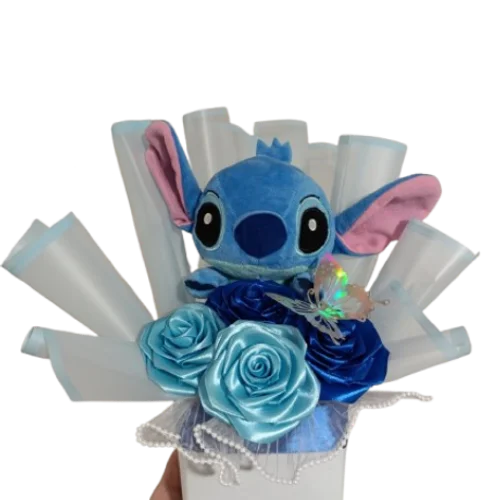 Plavi stitch igračka i 5 ruža